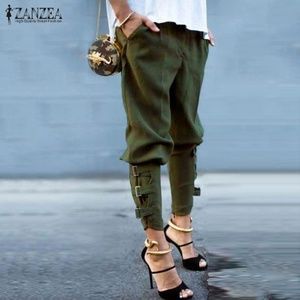 Lookbook Store Buckled-Hem Army Green Harem Pants